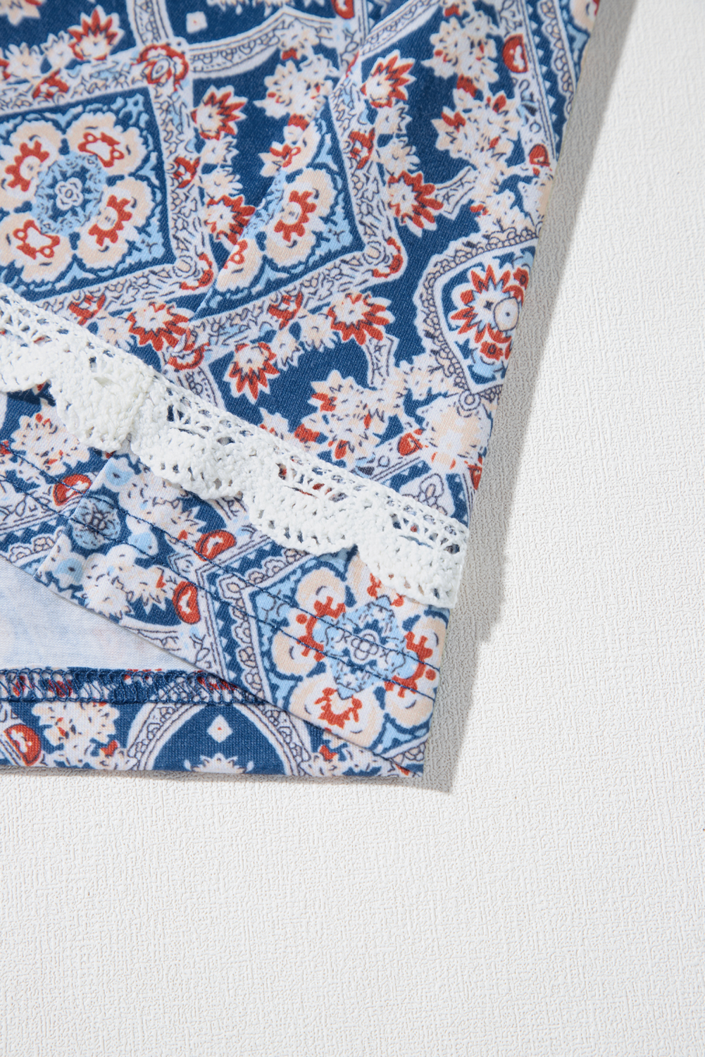 Blue Geometric Printed Lace Patchwork Ric Rac Raglan Long Sleeve Top - Image 7