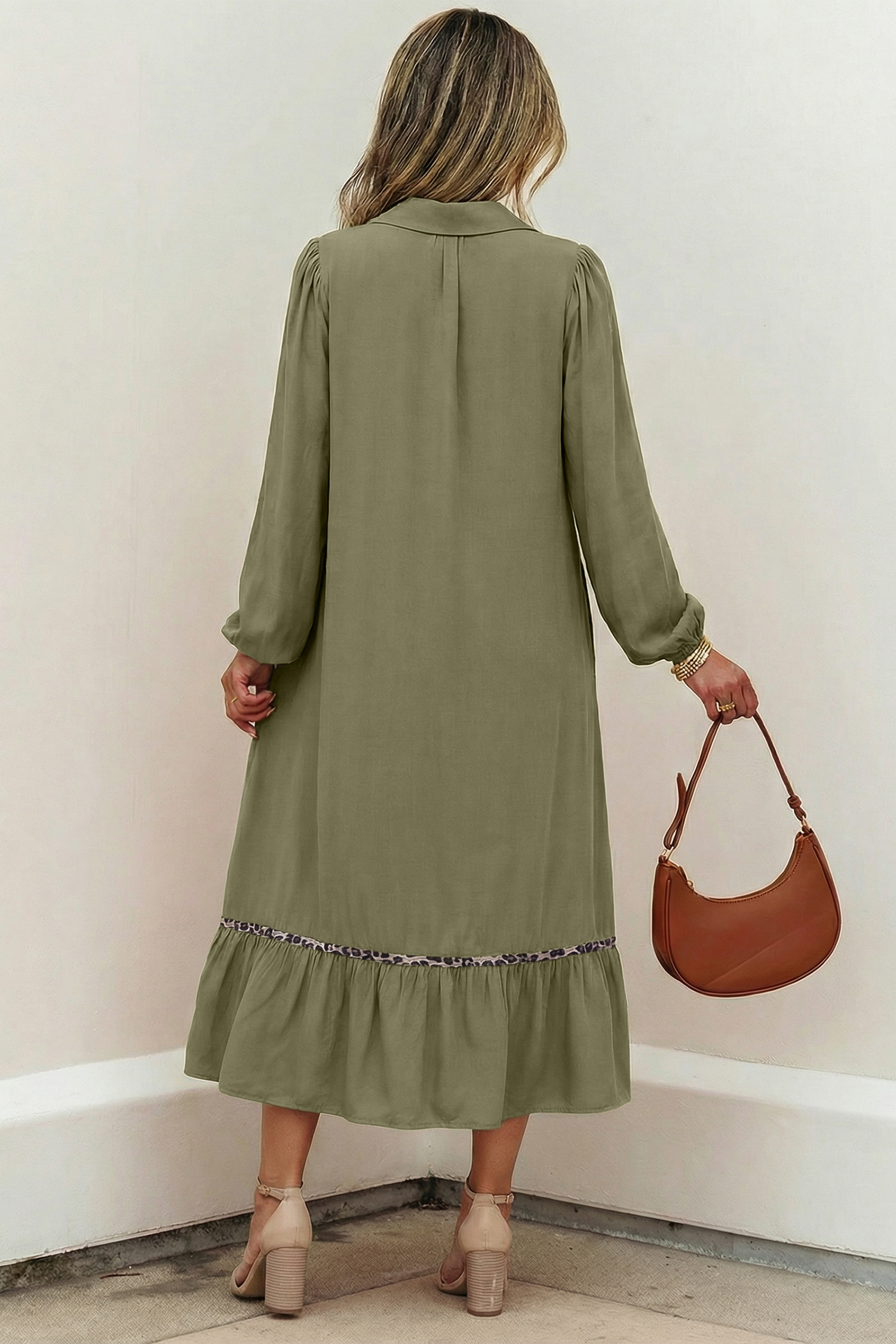 Four Leaf Clover Collared V Neck Smocked Detail Contrast Leopard Trim Bracelet Sleeve Long Dress - Image 3