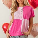 Pink Two Tone Half Buttons Collared T Shirt