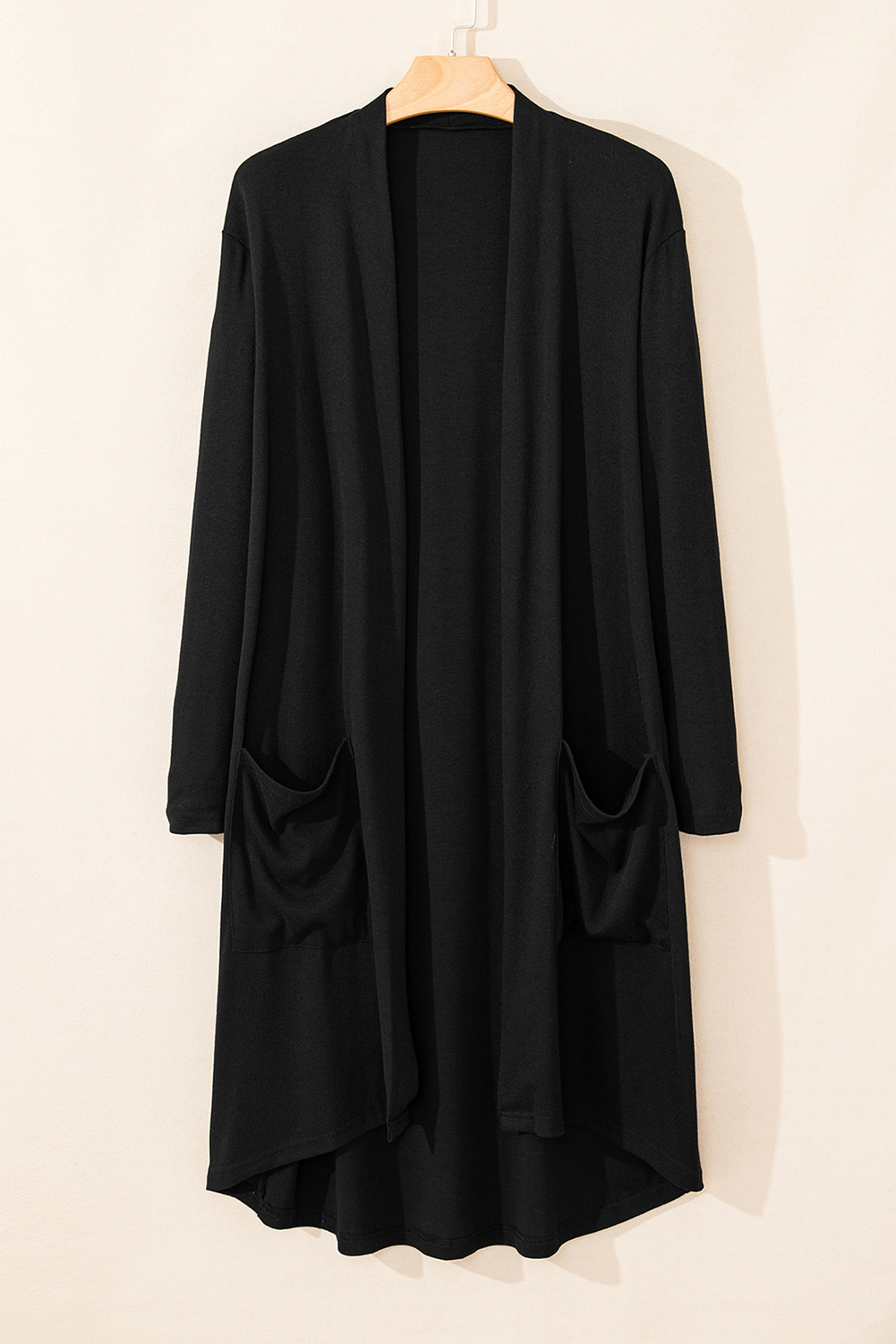Black Solid Color Open Front Cardigan with Pocket - Image 6