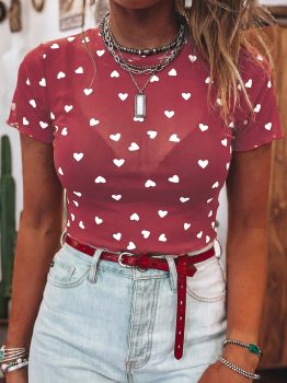 Racing Red Allover Heart Print Mesh Short Sleeve Top