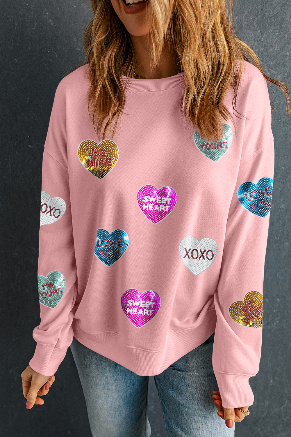 Pink Sequin Romantic Letters Heart Graphic Valentines Sweatshirt - Image 6