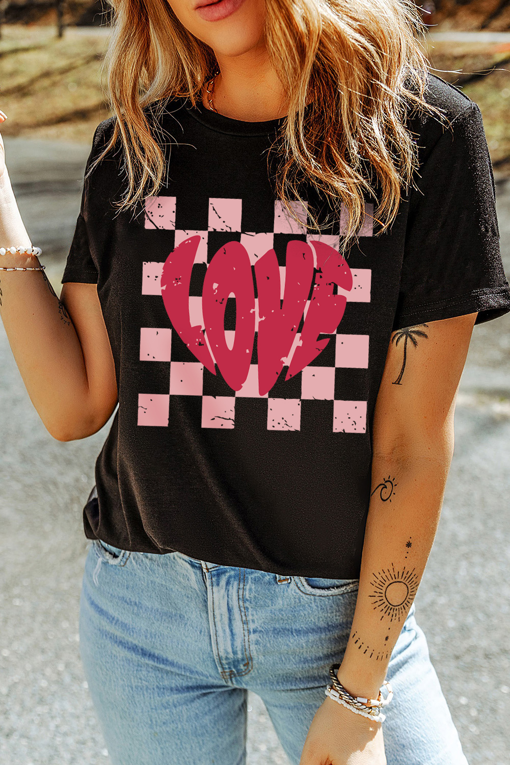 Black LOVE Checkered Graphic Valentine Tee - Image 4