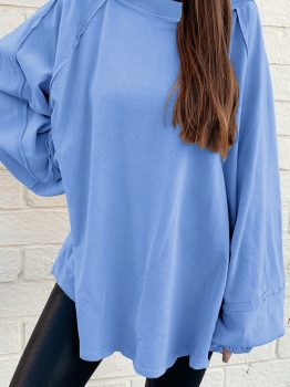 Beau Blue Solid Color Raw Seam Patchwork Baggy Sweatshirt