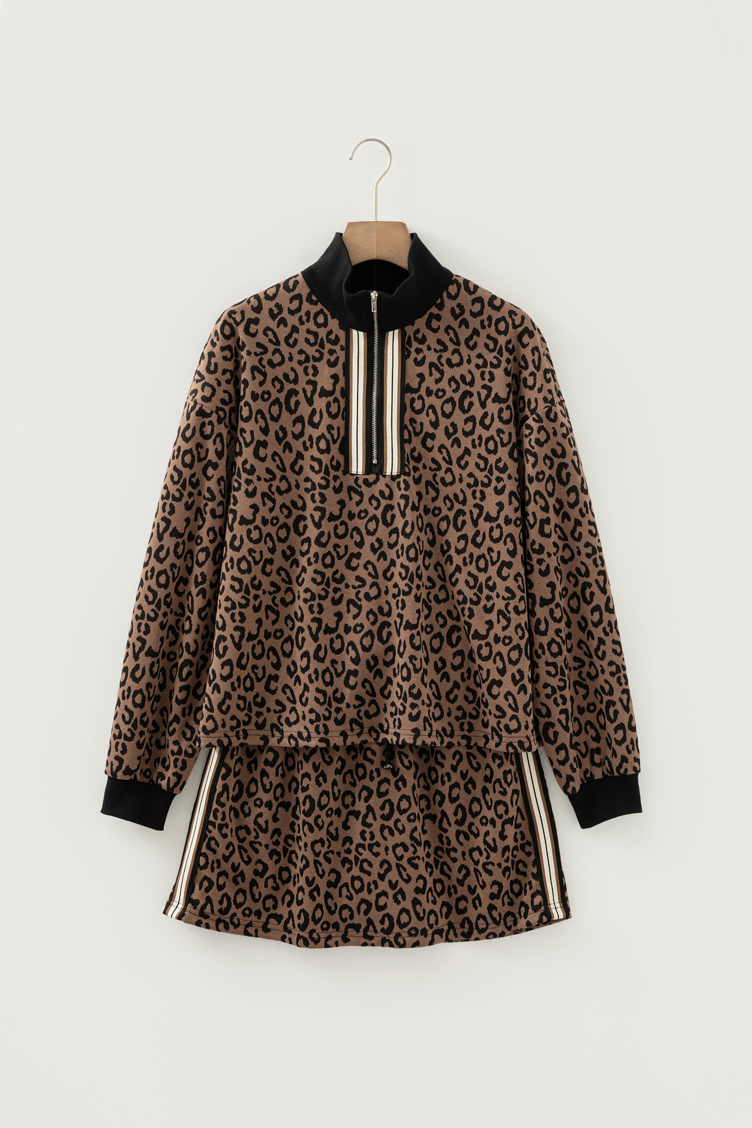 Khaki Leopard Print Quarter Zip Long Sleeve Top Mini Skirt Set - Image 5