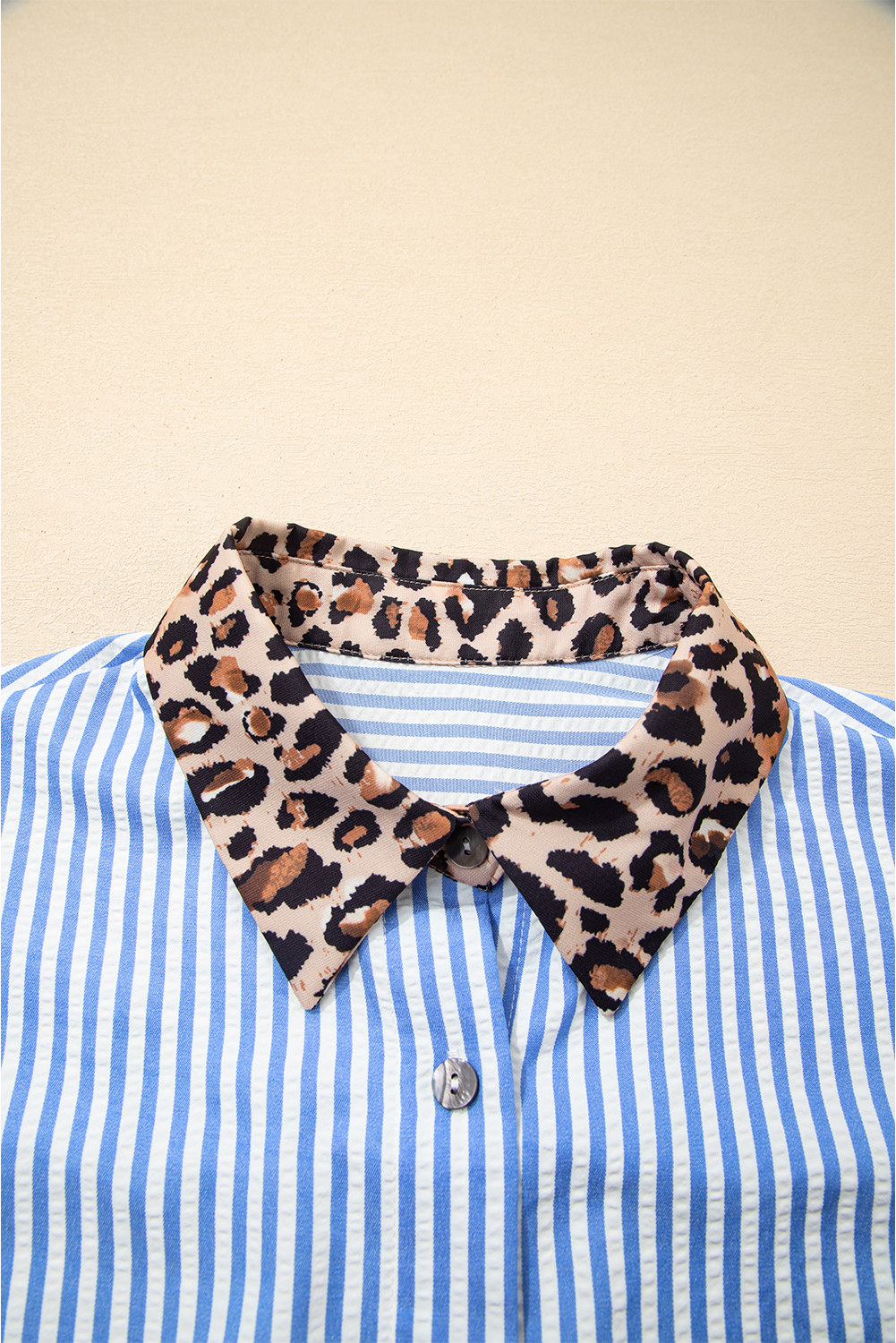 Sky Blue Striped Leopard Print Patchwork Button Up Womens Shirt - Image 4