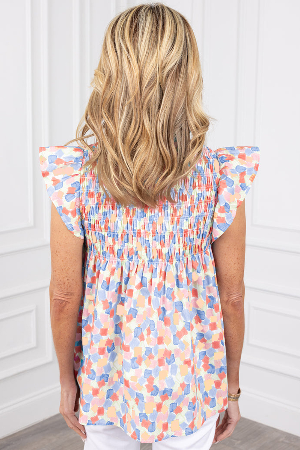 Pink Shirred Yoke Ruffled Abstract Printed Blouse - Image 2