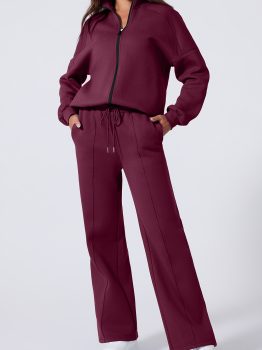 Burgundy Drop Shoulder Zip Up Jacket Drawstring Pants Active 2pcs Set