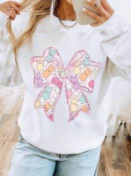 White Easter Bunny Bow Printed Casual Sweatshirt