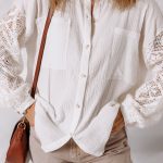 White Cotton Gauze Lace Patchwork Long Sleeve Shirt