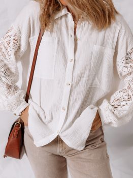 White Cotton Gauze Lace Patchwork Long Sleeve Shirt