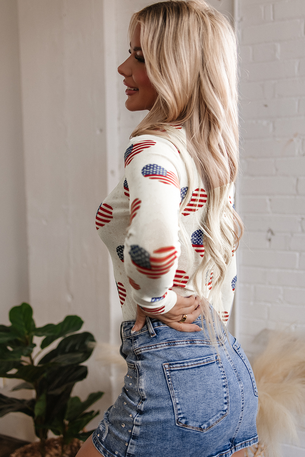 White Americana Glitter Mesh Long Sleeve Bodysuit - Image 3