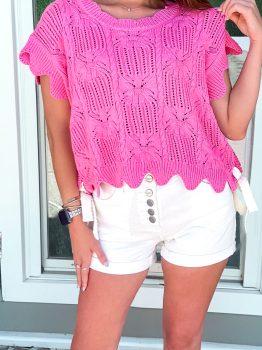 Bonbon Pointelle Knit Patterned Scalloped Trim Short Sleeve Sweater