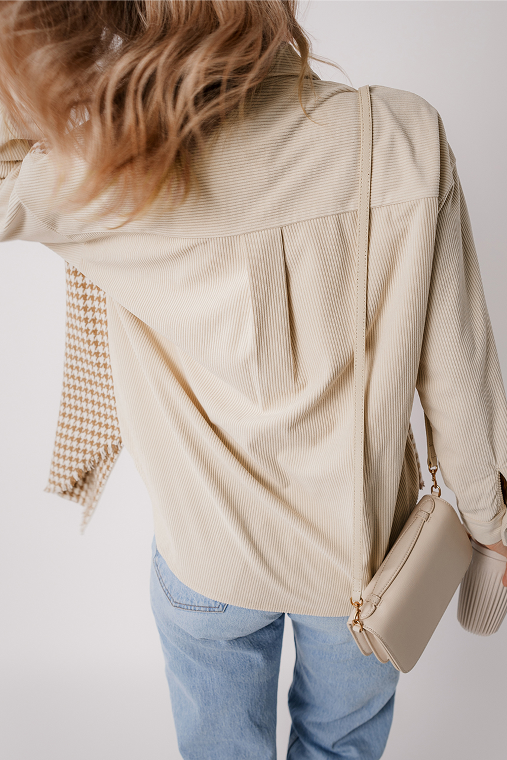 Parchment Houndstooth Corduroy Patchwork Flap Pocket Shacket - Image 2