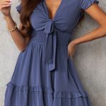 Blue Deep V Neck Self-tie Knotted Front Layered Flare Mini Dress
