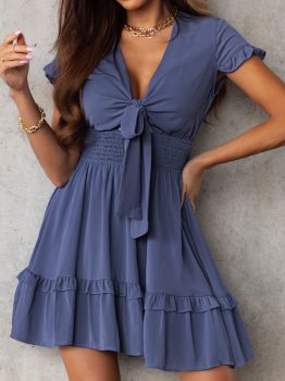 Blue Deep V Neck Self-tie Knotted Front Layered Flare Mini Dress