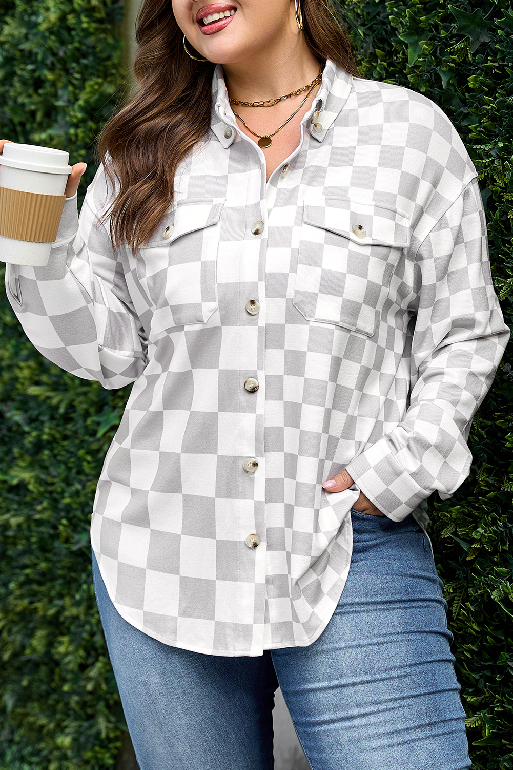 Khaki Plus Size Checkered Buttoned Down Casual Western Jacket - Image 8