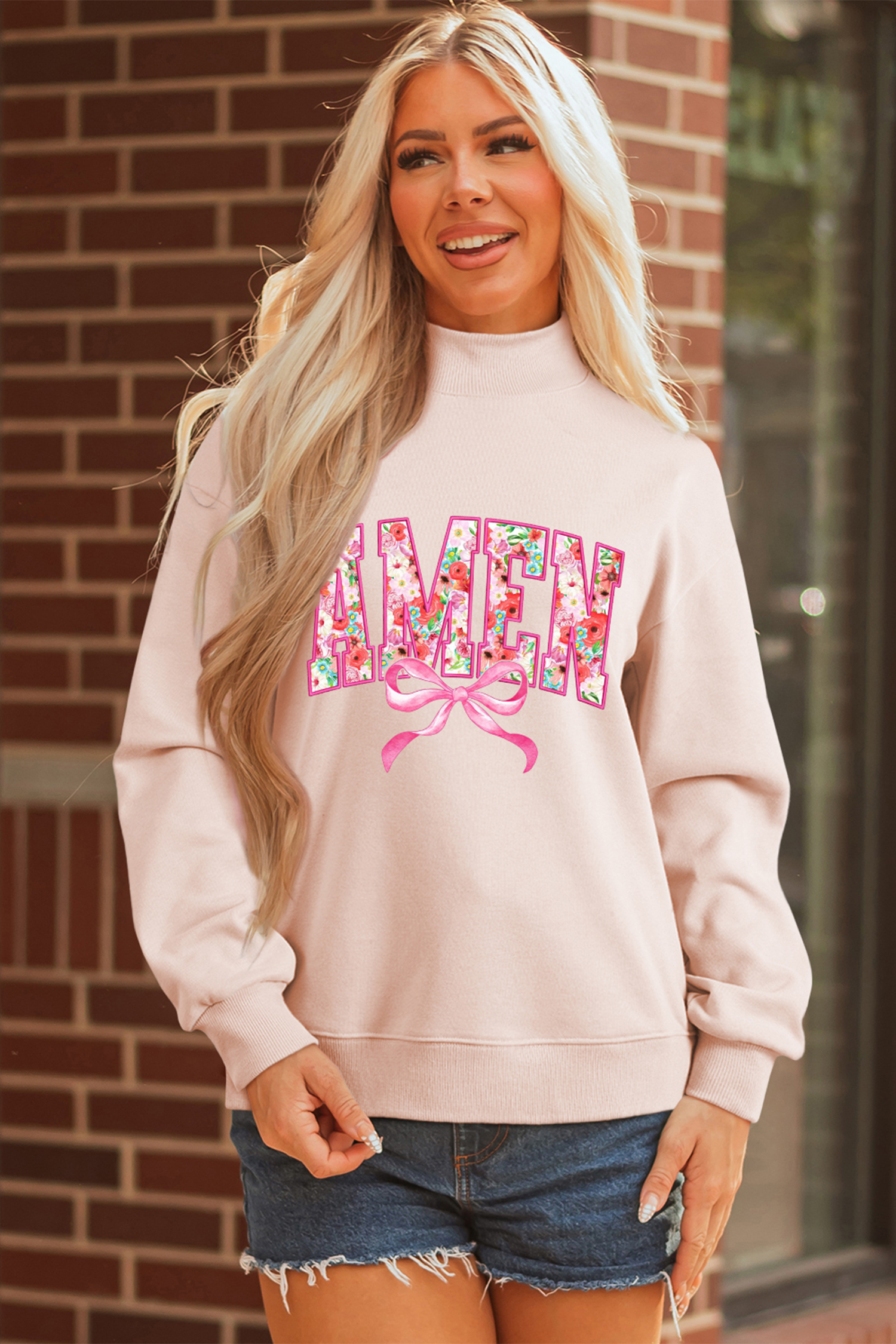 Apricot Pink AMEN Floral Bow Printed Mock Neck Sweatshirt - Image 2