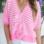 Pink Stripe Short Sleeve Knit V Neck Bow Knot Sweater