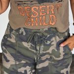 Green Tie Elastic Waist Pocketed Plus Size Camo Shorts