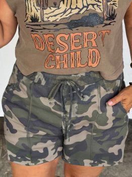 Green Tie Elastic Waist Pocketed Plus Size Camo Shorts
