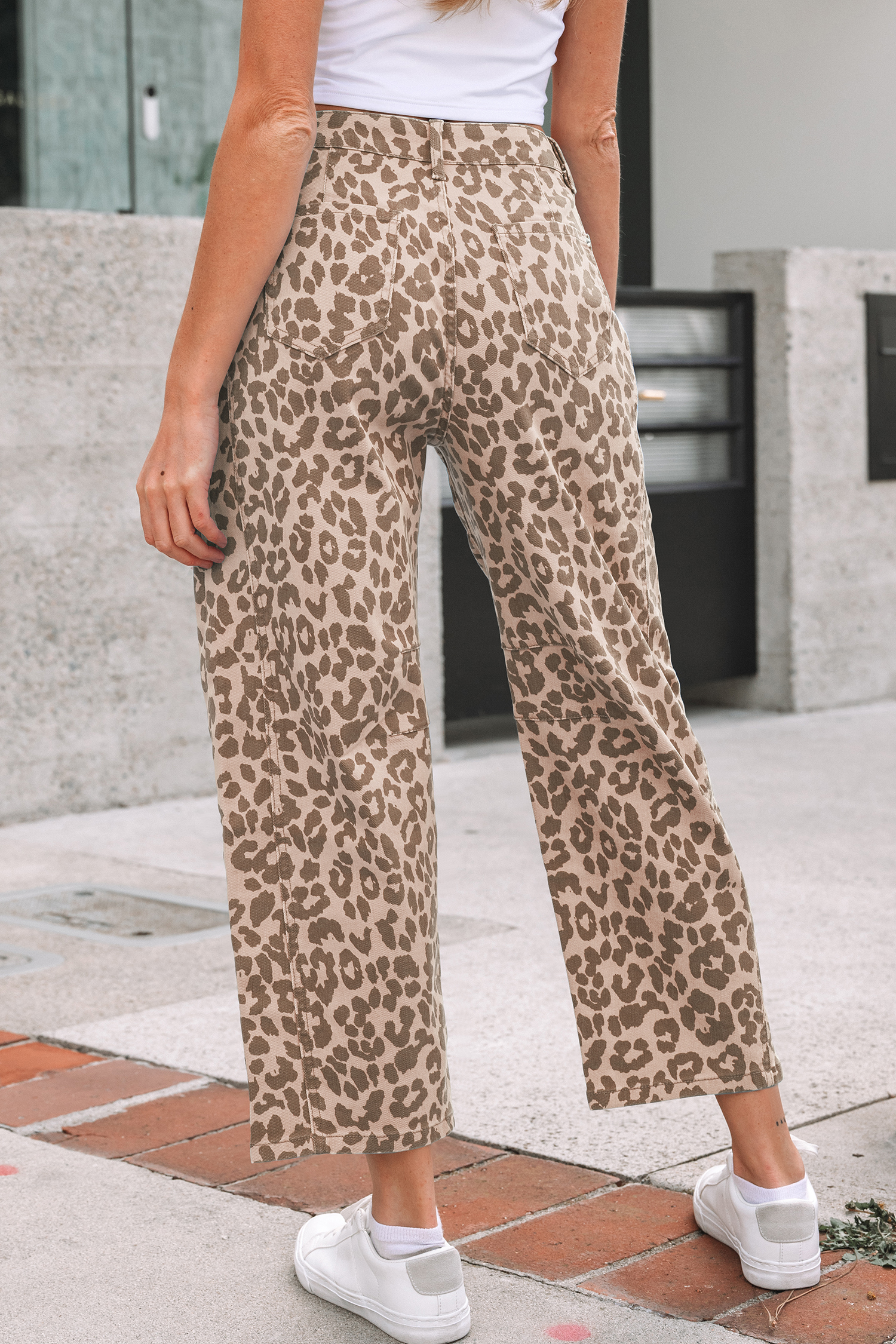 Khaki Leopard Print Straight Loose Jeans - Image 2