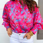 Purple Printed Bubble Sleeve Mock Neck Blouse