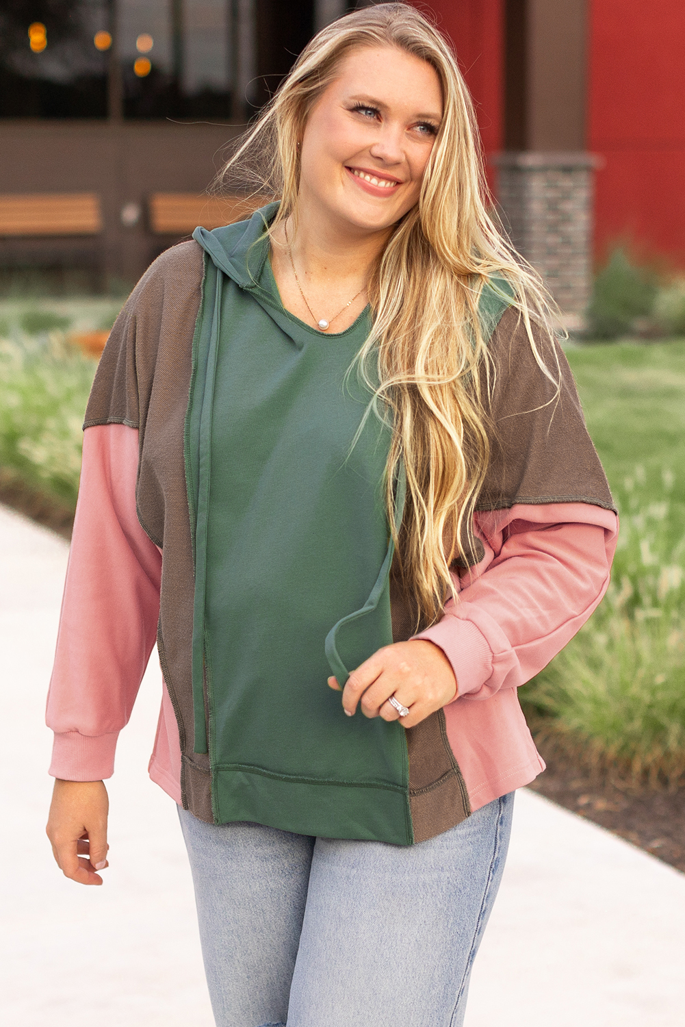 Breen Plus Size Colorblock Patchwork V Neck Hoodie - Image 5