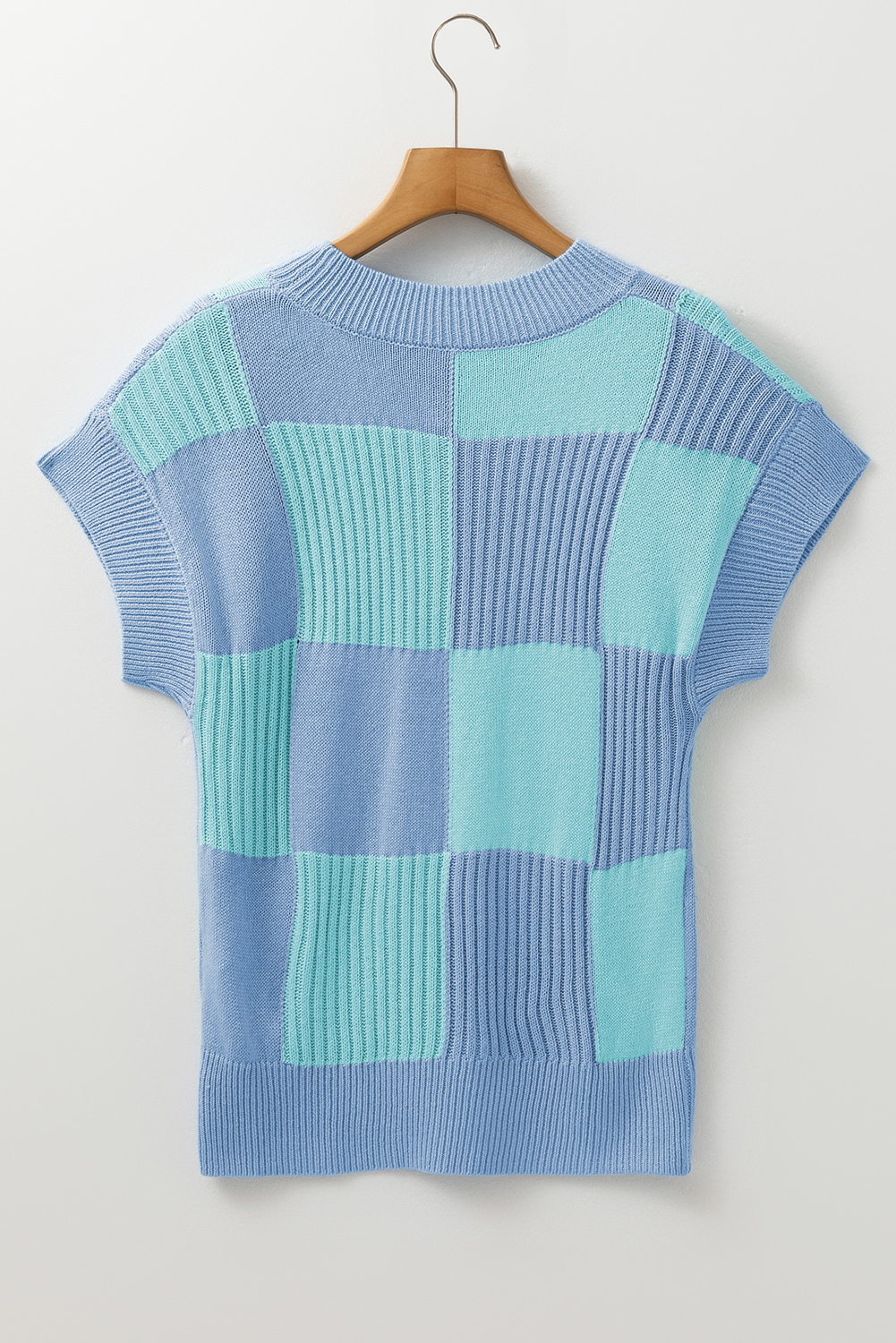 Light Blue Checkered Color Block Crew Neck Short Sleeve Sweater - Image 6