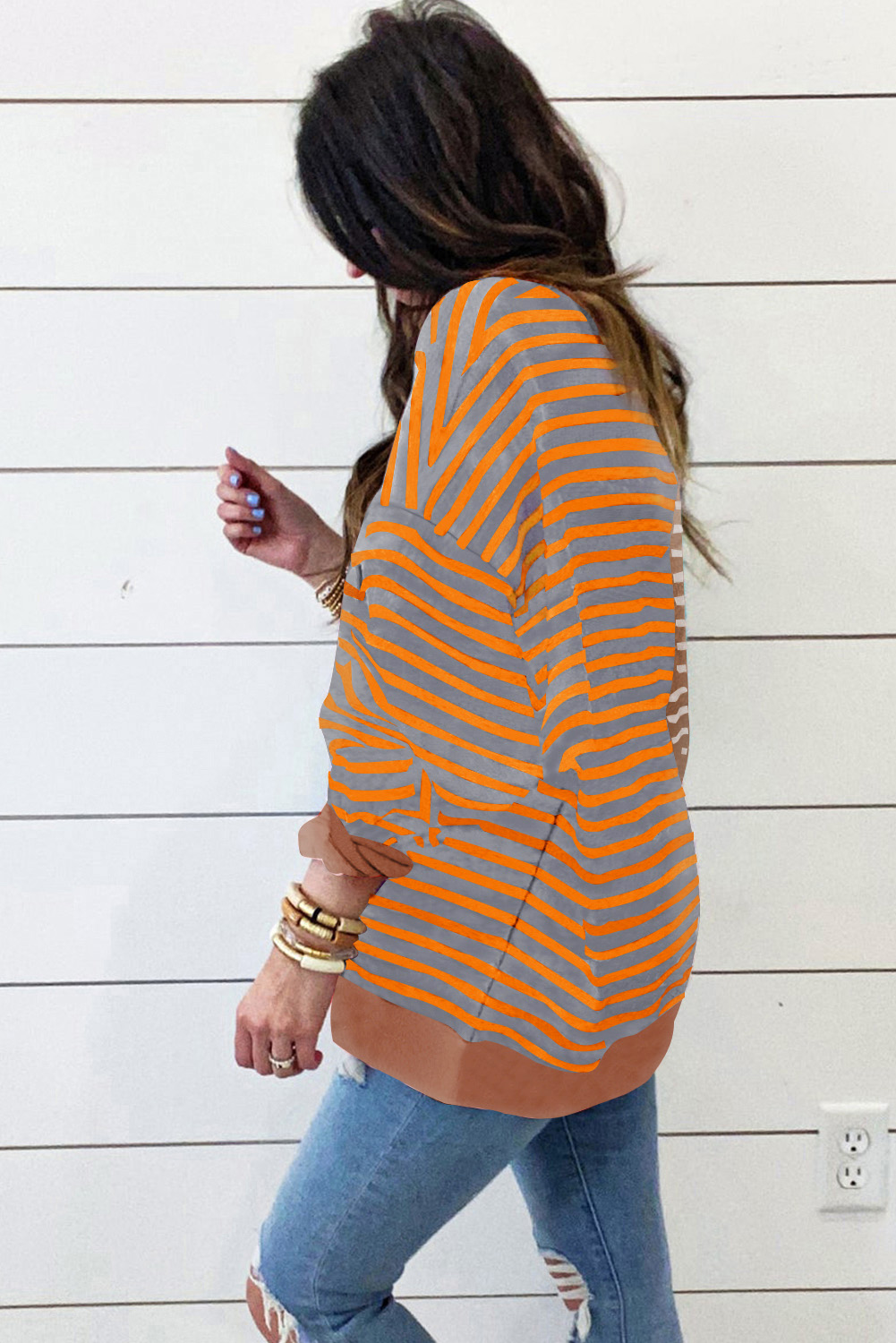Brown Stripe Casual Stripe Colorblock Drop Shoulder Oversize Sweatshirt - Image 3