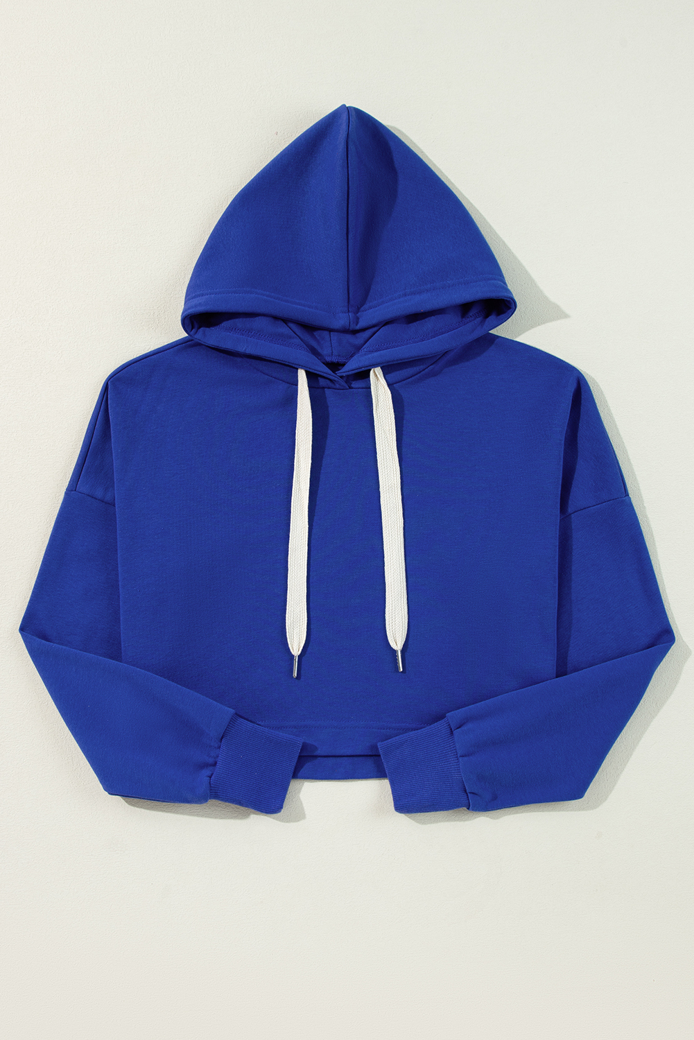 Dark Blue Solid Drop Shoulder Drawstring Cropped Hoodie - Image 8