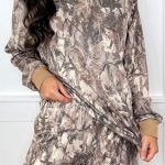 Khaki Woodland Camo Print Long Sleeve Top Casual Short Set