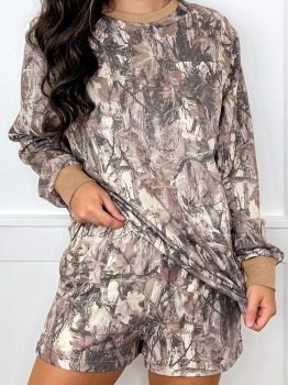 Khaki Woodland Camo Print Long Sleeve Top Casual Short Set