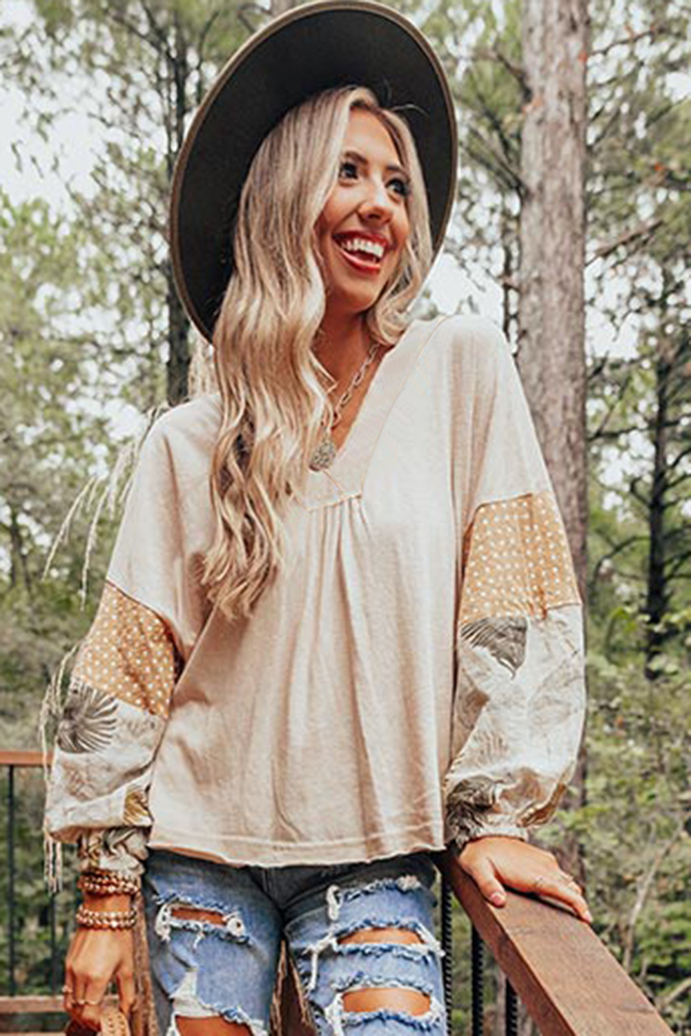 Jet Stream Palm Leaves Polka Dot Puff Sleeve Patchwork V Neck Loose Blouse - Image 8