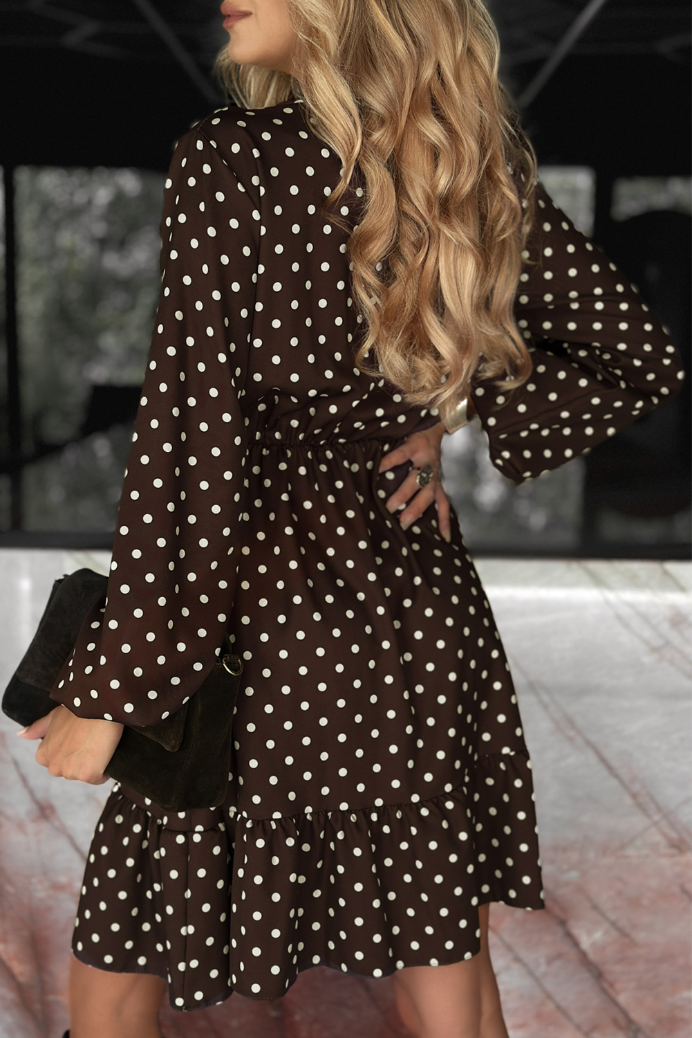 Chicory Coffee Polka Dot Long Sleeve Wrap V Neck Ruffle Hem Mini Dress - Image 3