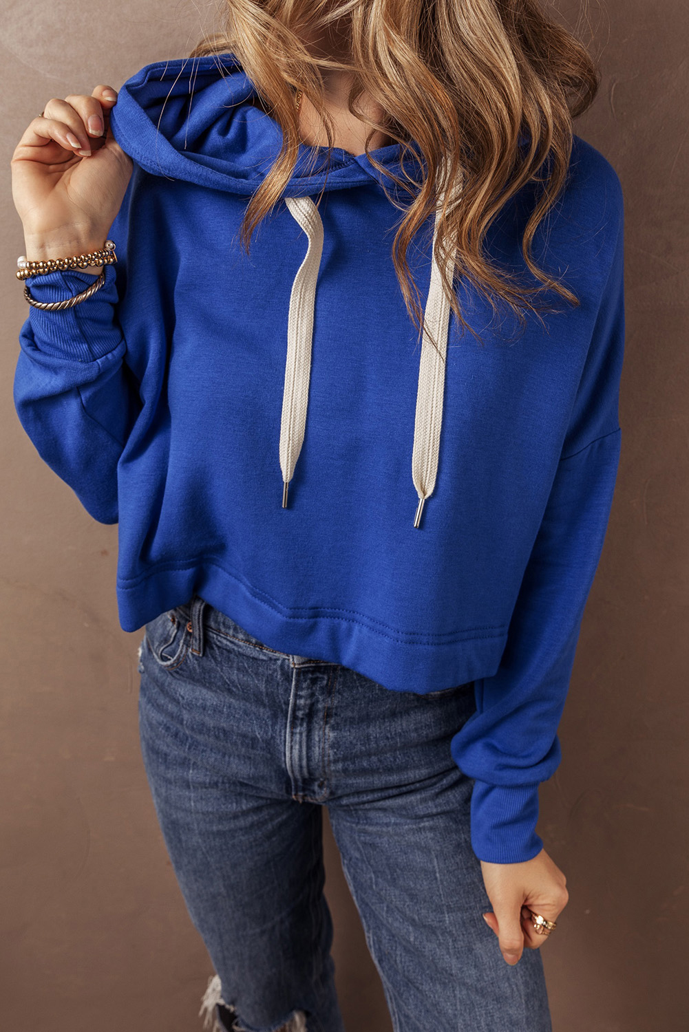 Dark Blue Solid Drop Shoulder Drawstring Cropped Hoodie - Image 5
