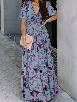 Sky Blue Fiery Floral Print Frilled V Neck Short Sleeve Maxi Dress