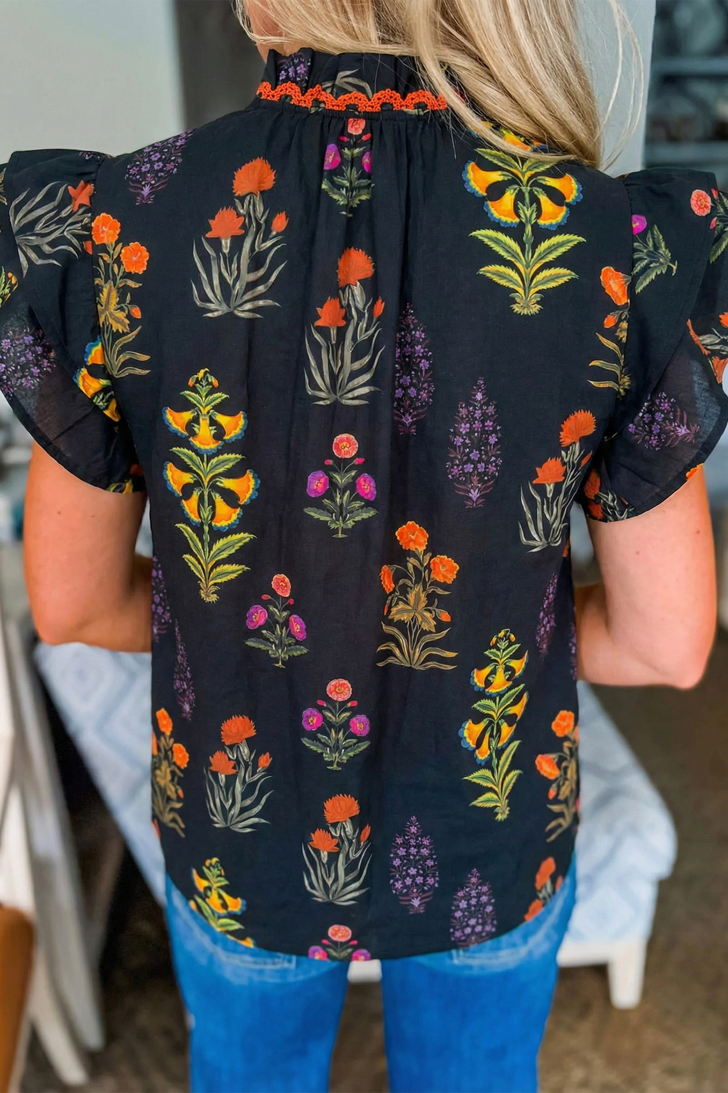 Black Floral Print Lace Trim Frilled V Neck Short Sleeve Shirt - Image 2