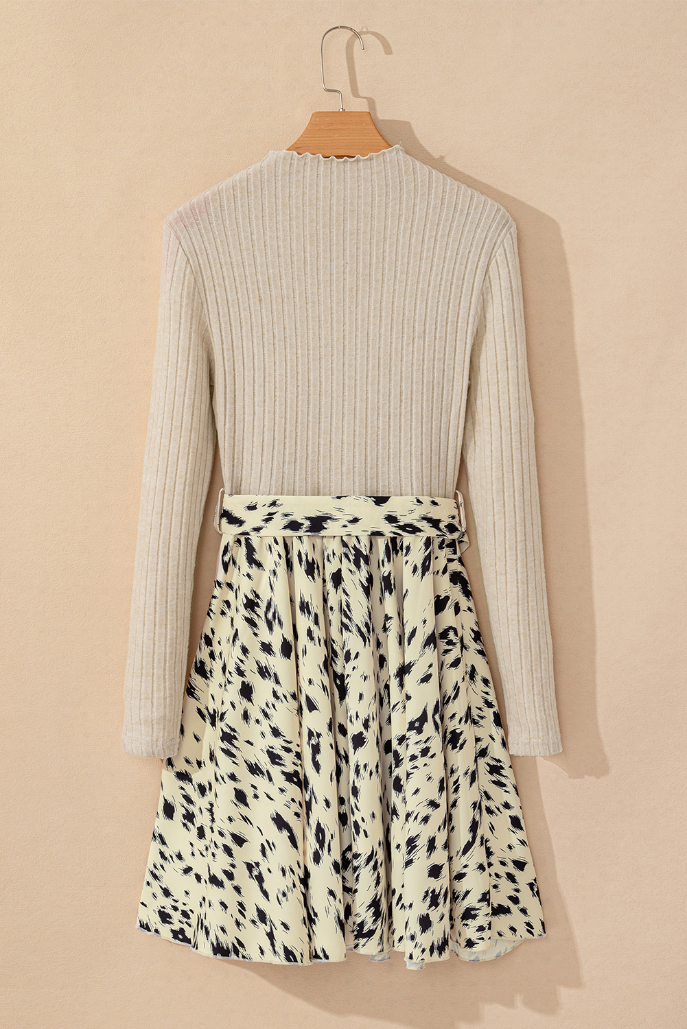 Beige Ribbed Knit Patchwork Printed Belted A-line Dress - Image 8