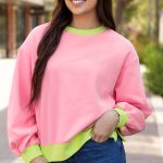 Pink Colorblock Bubble Sleeve Sweatshirt