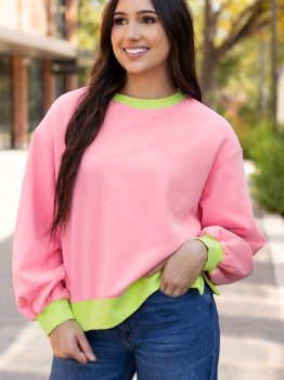 Pink Colorblock Bubble Sleeve Sweatshirt