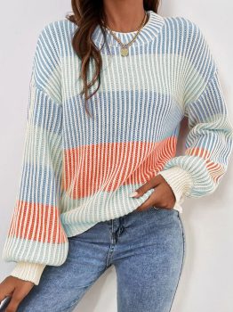 Multicolour Colorblock Textured Knit Bubble Sleeve Sweater
