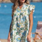 Beige Floral Print V Neck Triple Ruffle Short Sleeve Shift Mini Dress