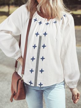 White Geometric Embroidered Long Sleeve Buttoned Blouse
