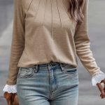 Parchment Seam Detail Lace Contrast Cuffs Raglan Sleeve Top