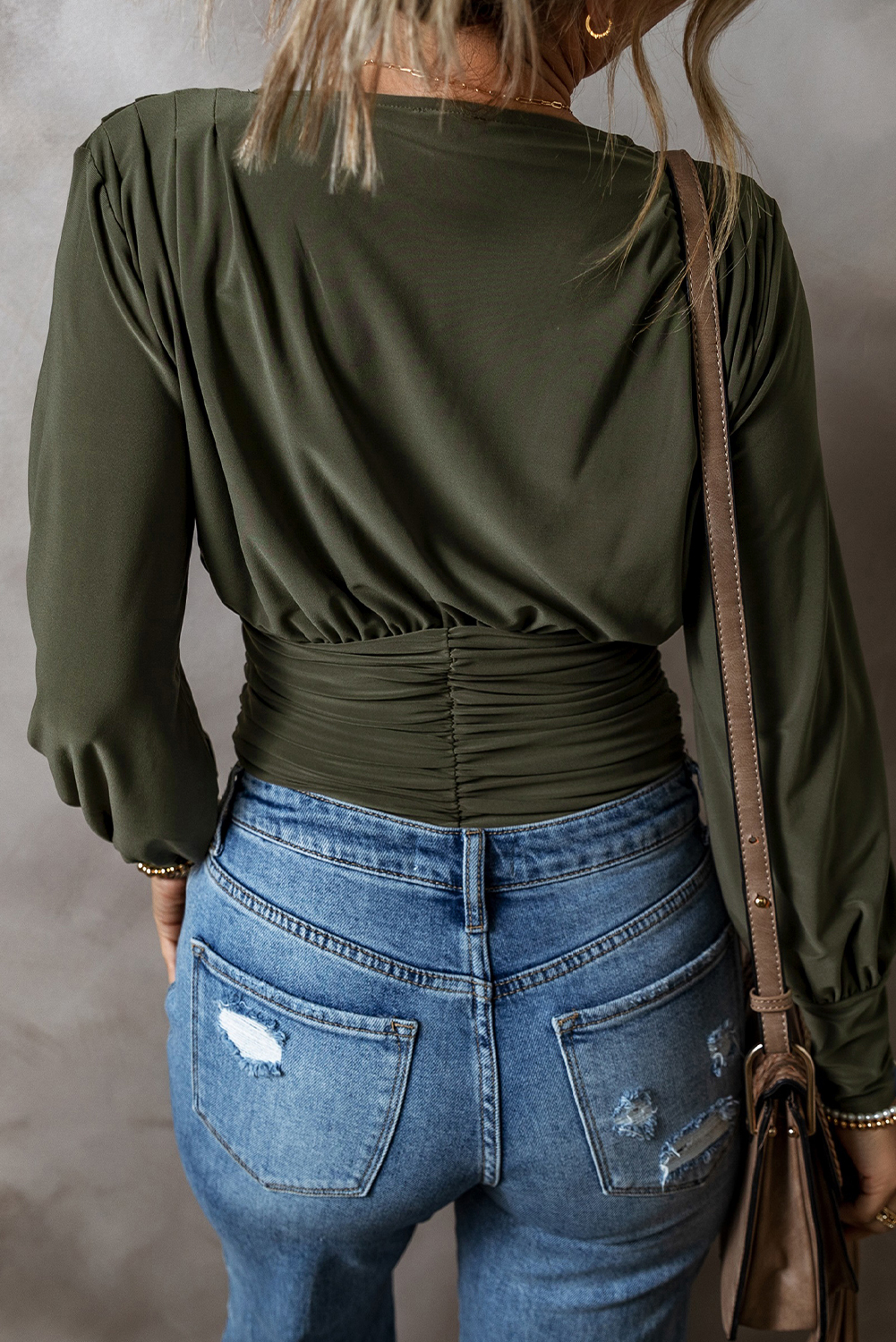 Moss Green Ruched Wrap V Neck Long Sleeve Bodysuit - Image 5