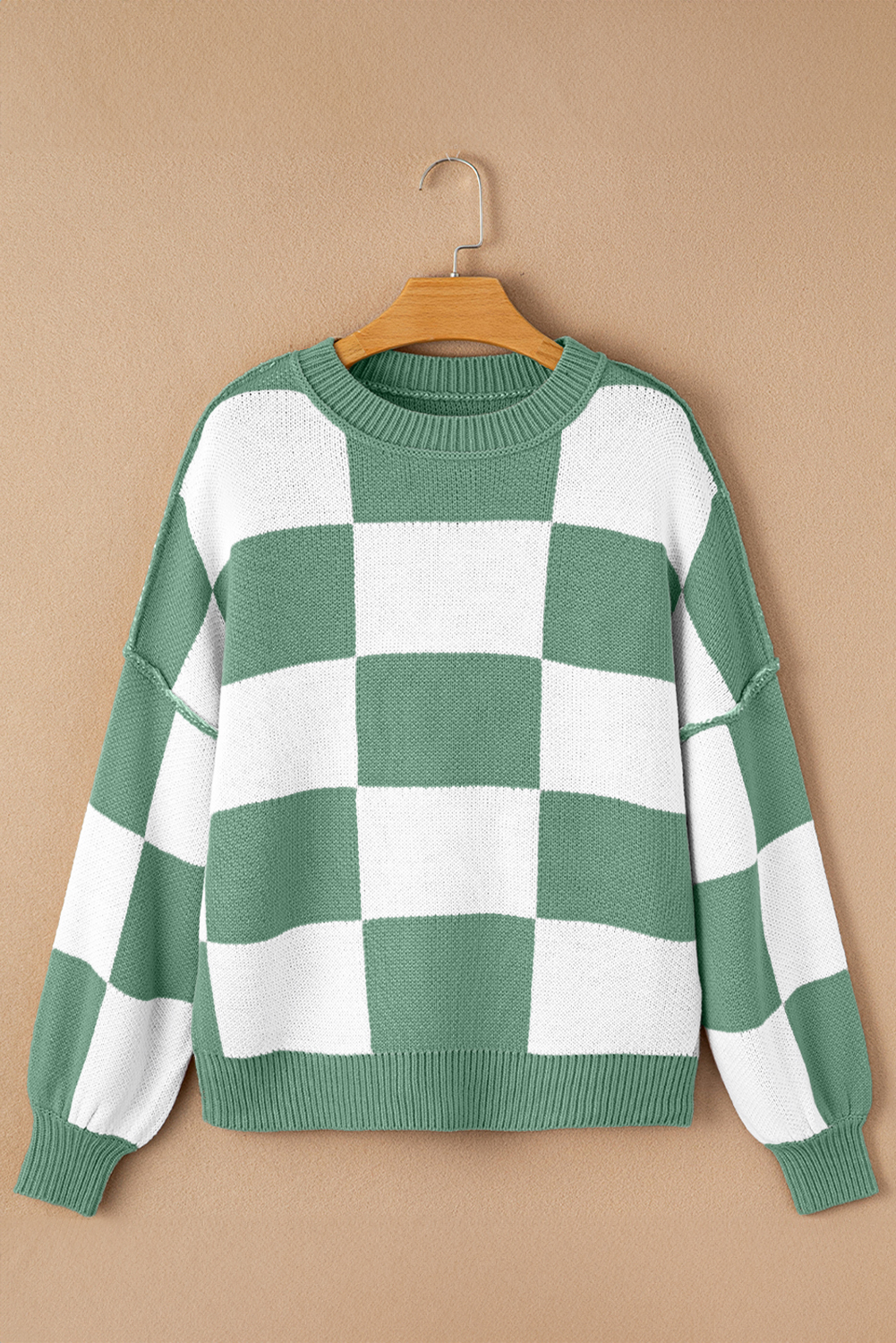 Green Checkered Bishop Sleeve Sweater - Image 4