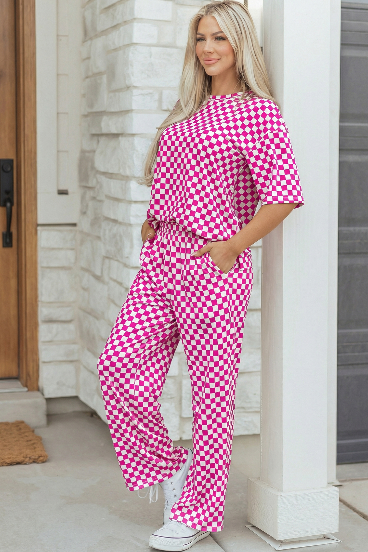 Rose Checkered Print Half Sleeve Tee 2pcs Lounge Pant Set - Image 5