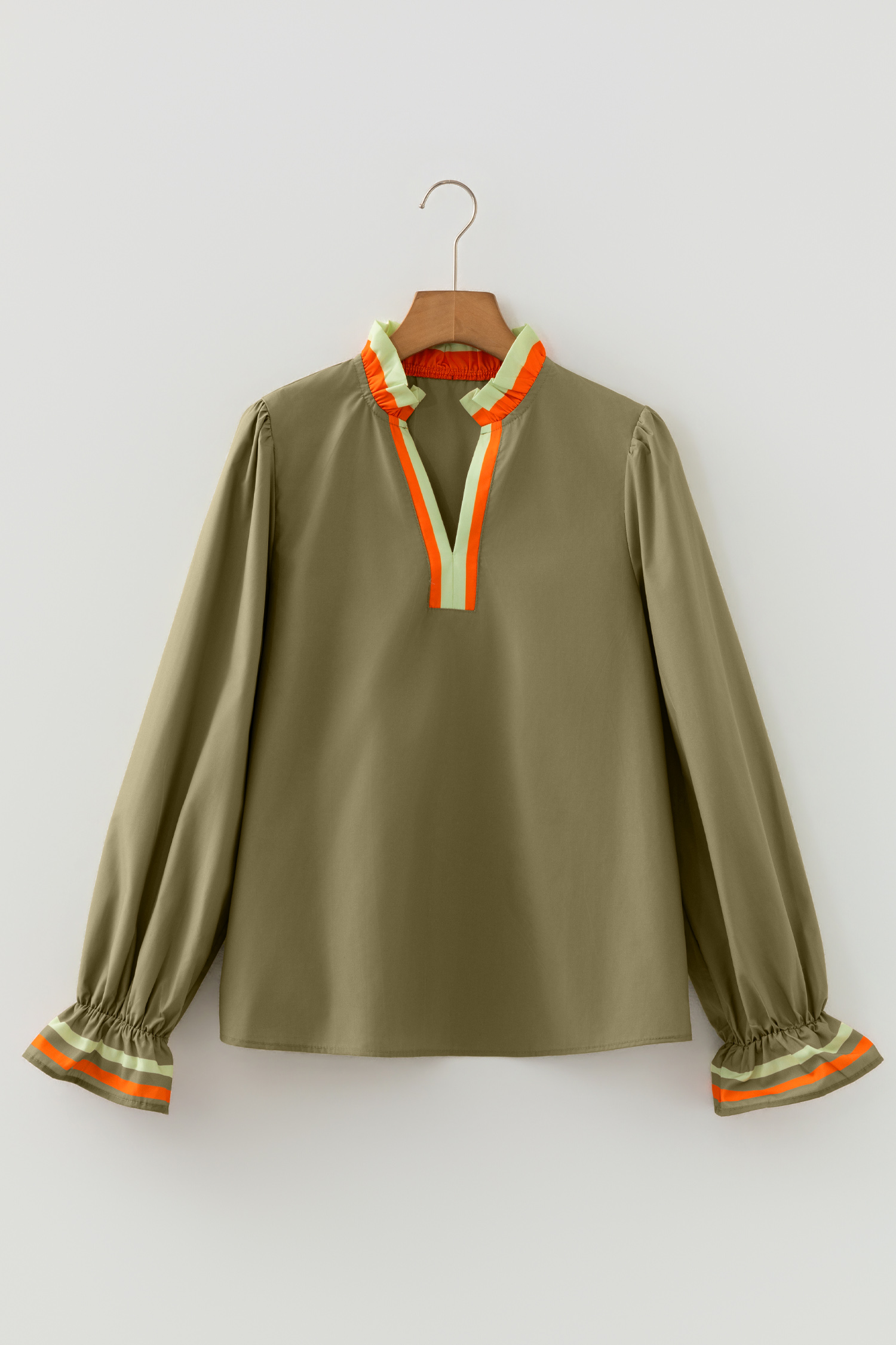 Four Leaf Clover Striped Trim Ruffle Split Neck Long Sleeve Blouse - Image 8