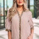 Pink Stripe Leopard Trim V Neck Button Down Half Sleeve Shirt